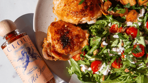 Braised Hot Chicken with Creamy Lemon Feta Salad